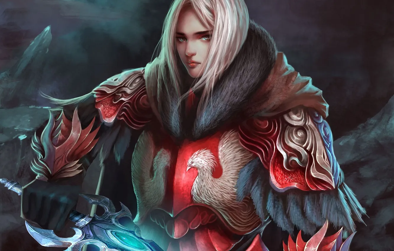 Photo wallpaper girl, glow, sword, armor, art, fur