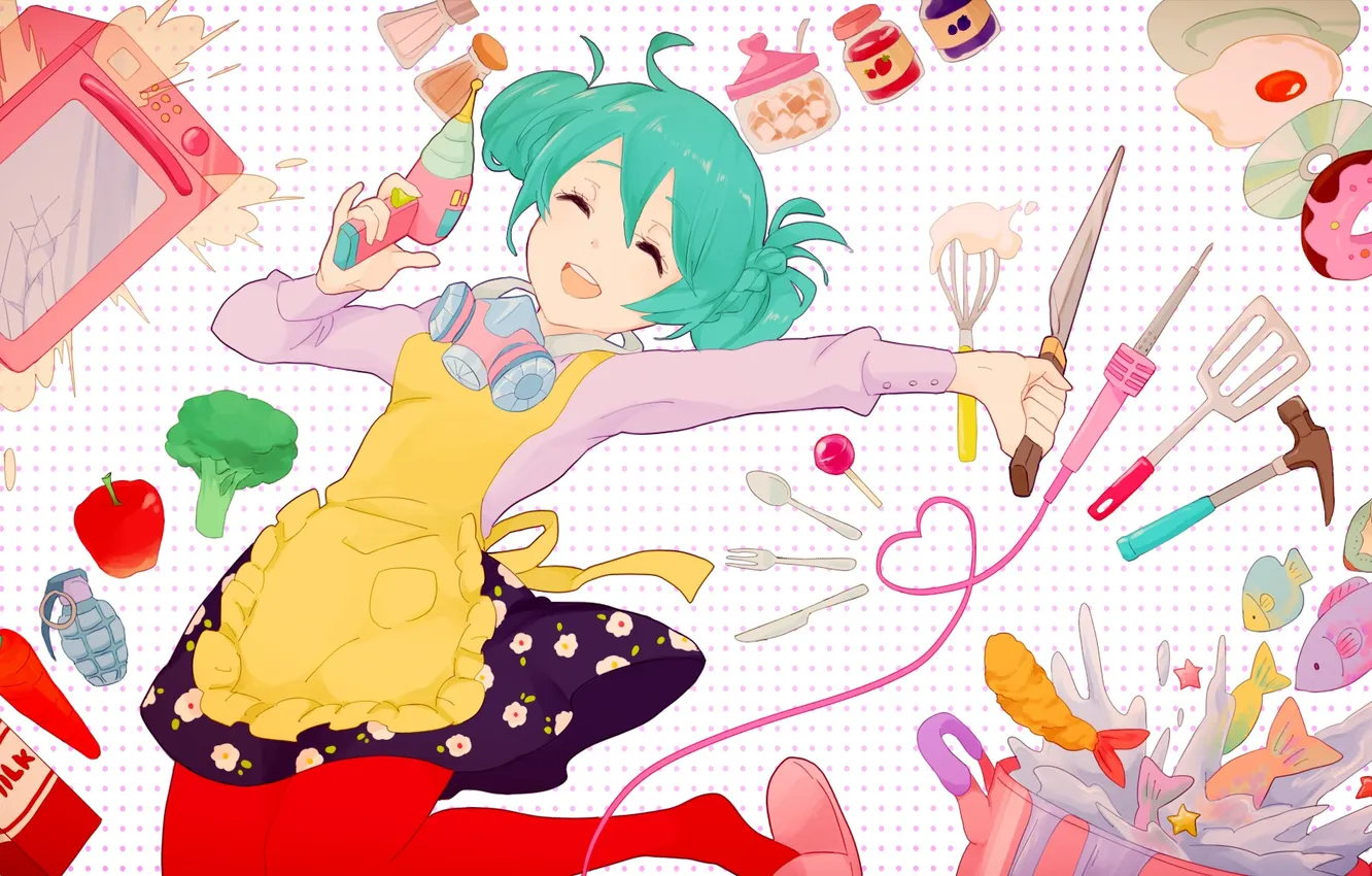 Photo wallpaper girl, smile, jump, Apple, pomegranate, milk, vocaloid, hatsune miku