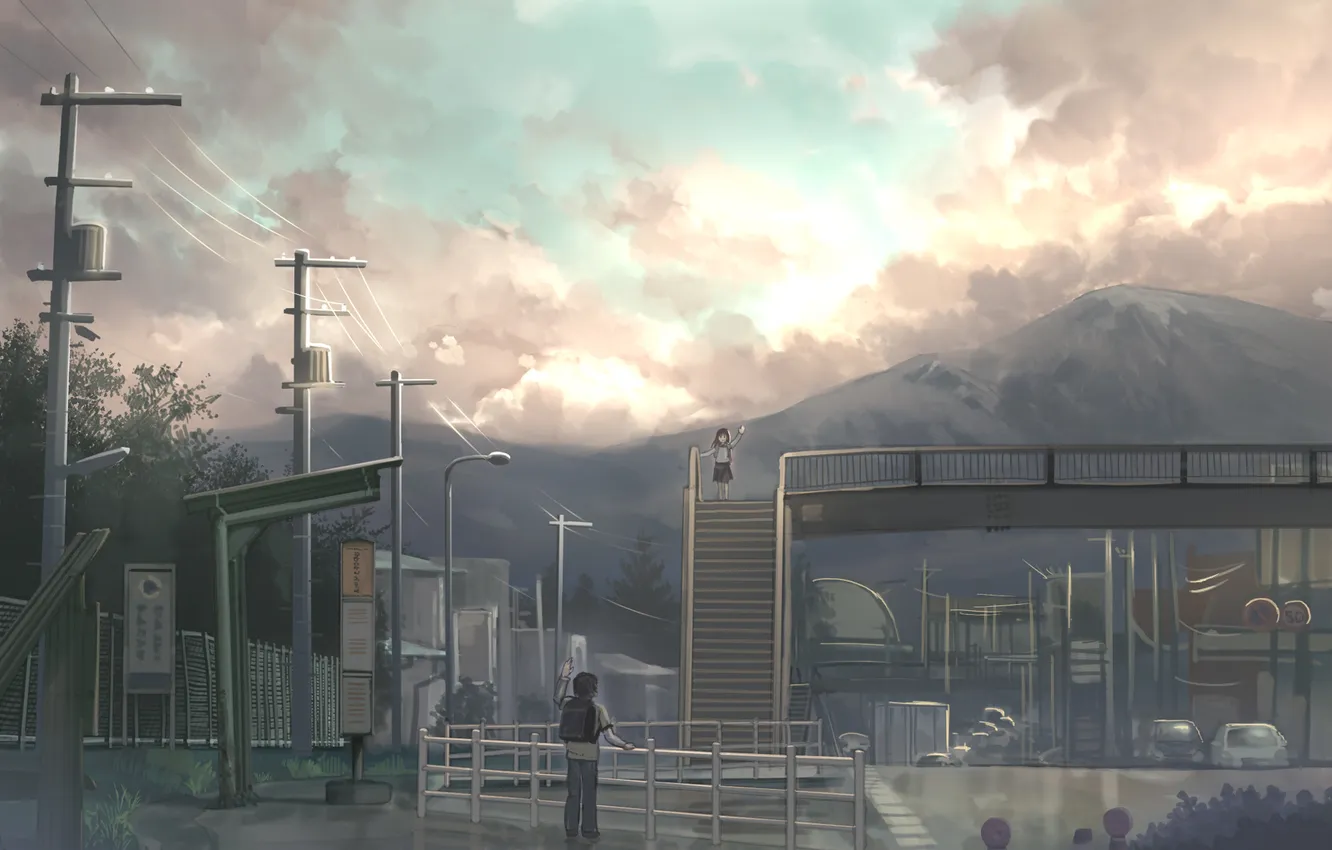 Photo wallpaper machine, the sky, clouds, sunset, bridge, the city, sign, posts