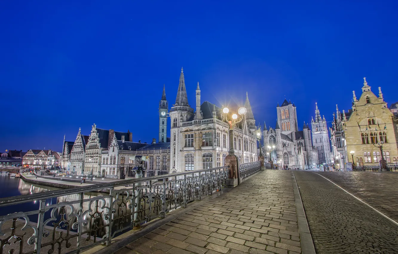 Photo wallpaper night, bridge, lights, river, home, channel, Belgium, Flanders