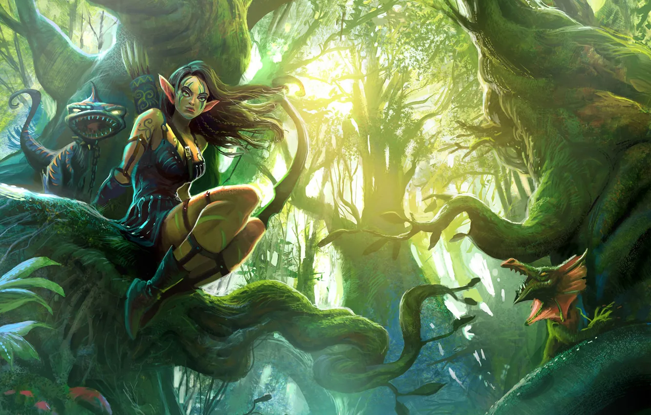 Photo wallpaper forest, light, monster, bow, elf, coloring, quiver