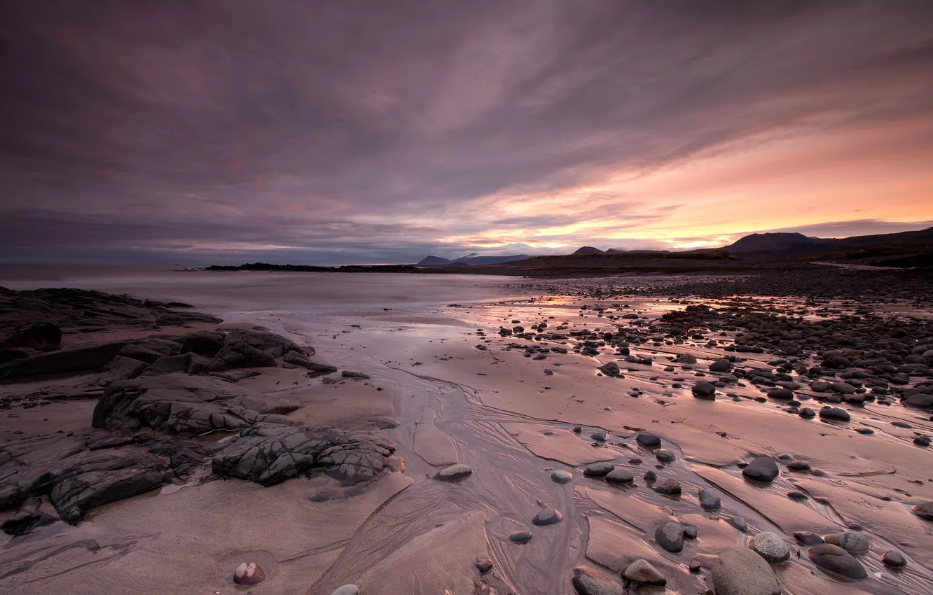 Photo wallpaper sand, beach, stones, the ocean, dawn