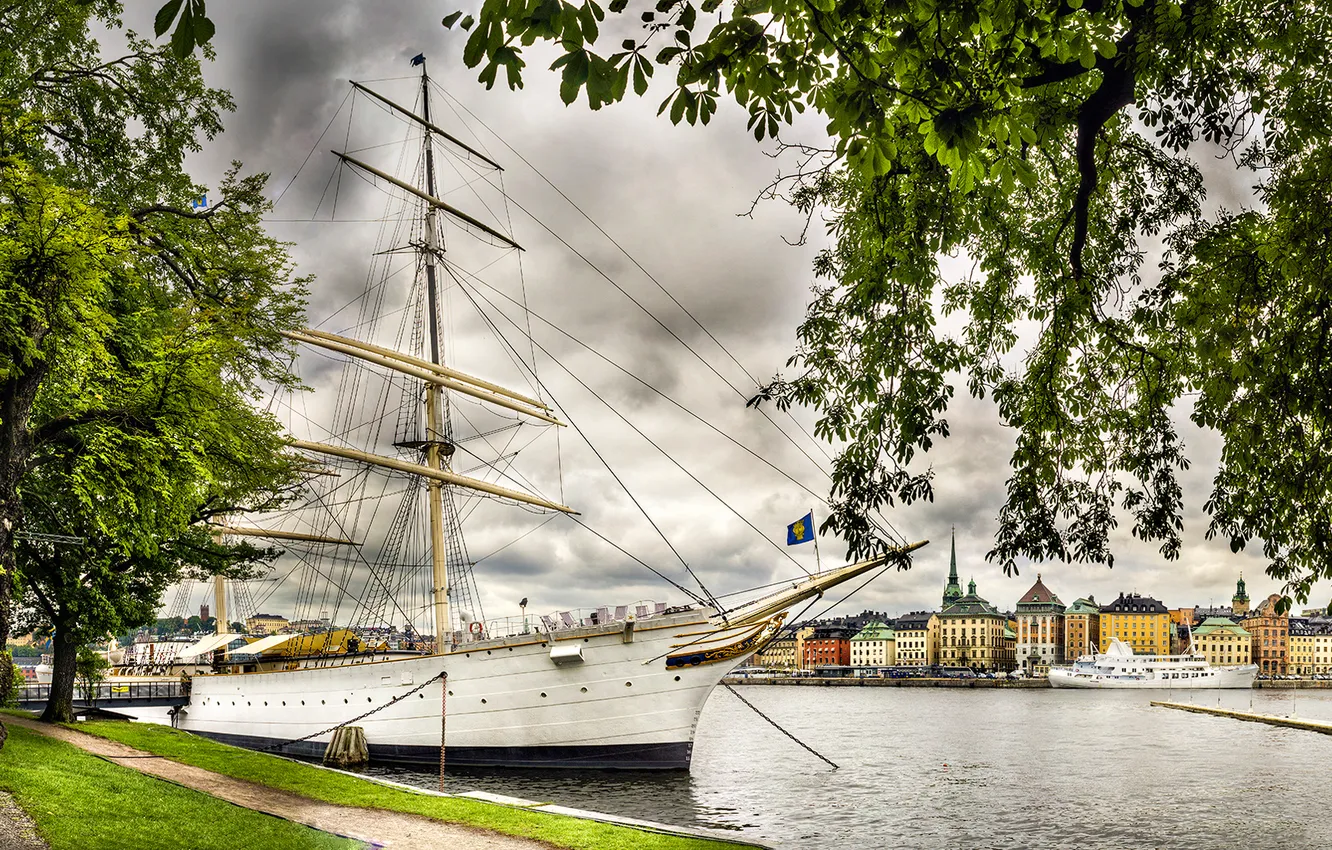 Photo wallpaper sea, the sky, clouds, trees, landscape, ship, home, Sweden