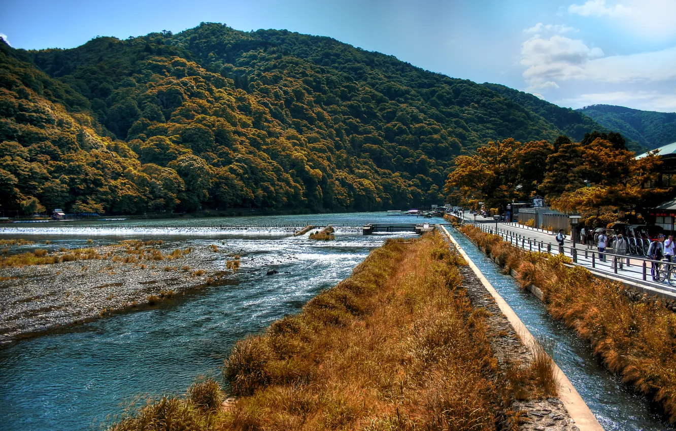 Photo wallpaper mountains, the city, river, Japan, promenade, Kyoto