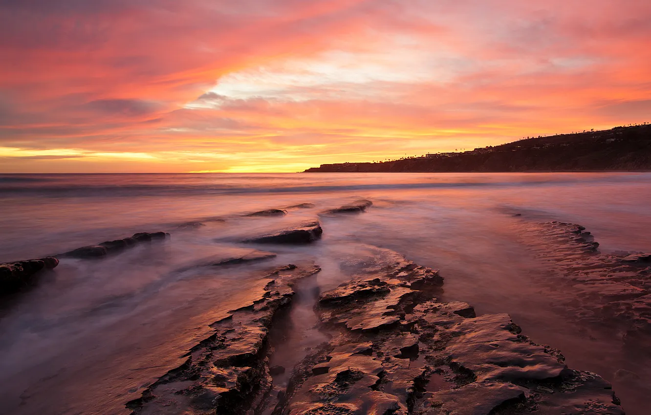 Photo wallpaper sea, water, sunset, the ocean, rocks, shore