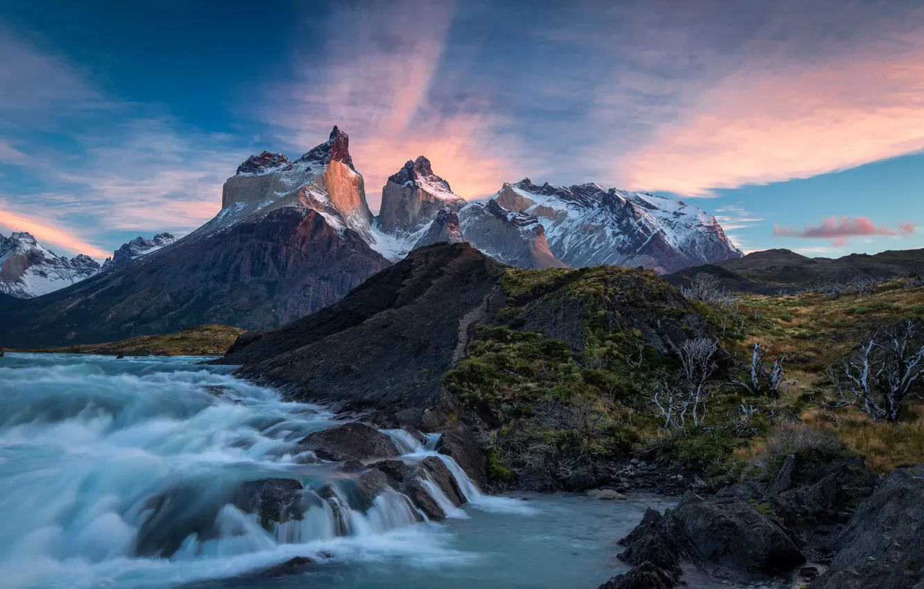 Photo wallpaper clouds, mountains, nature, river, sunrise, Chile, Chile, National Park