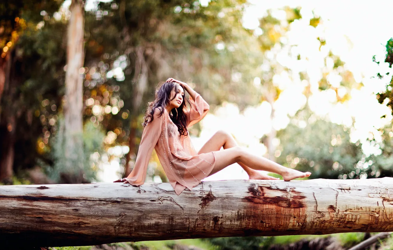 Photo wallpaper girl, pose, log