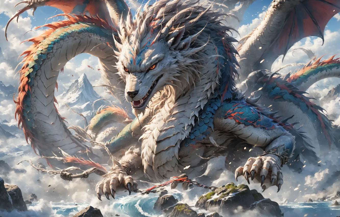 Photo wallpaper fantasy, dragon, AI Art, AI Generated, White Dragon