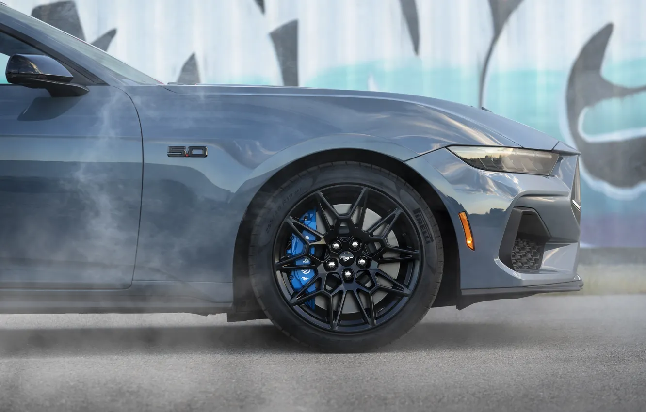 Photo wallpaper Mustang, Ford, close-up, wheel, Ford Mustang GT, 2024