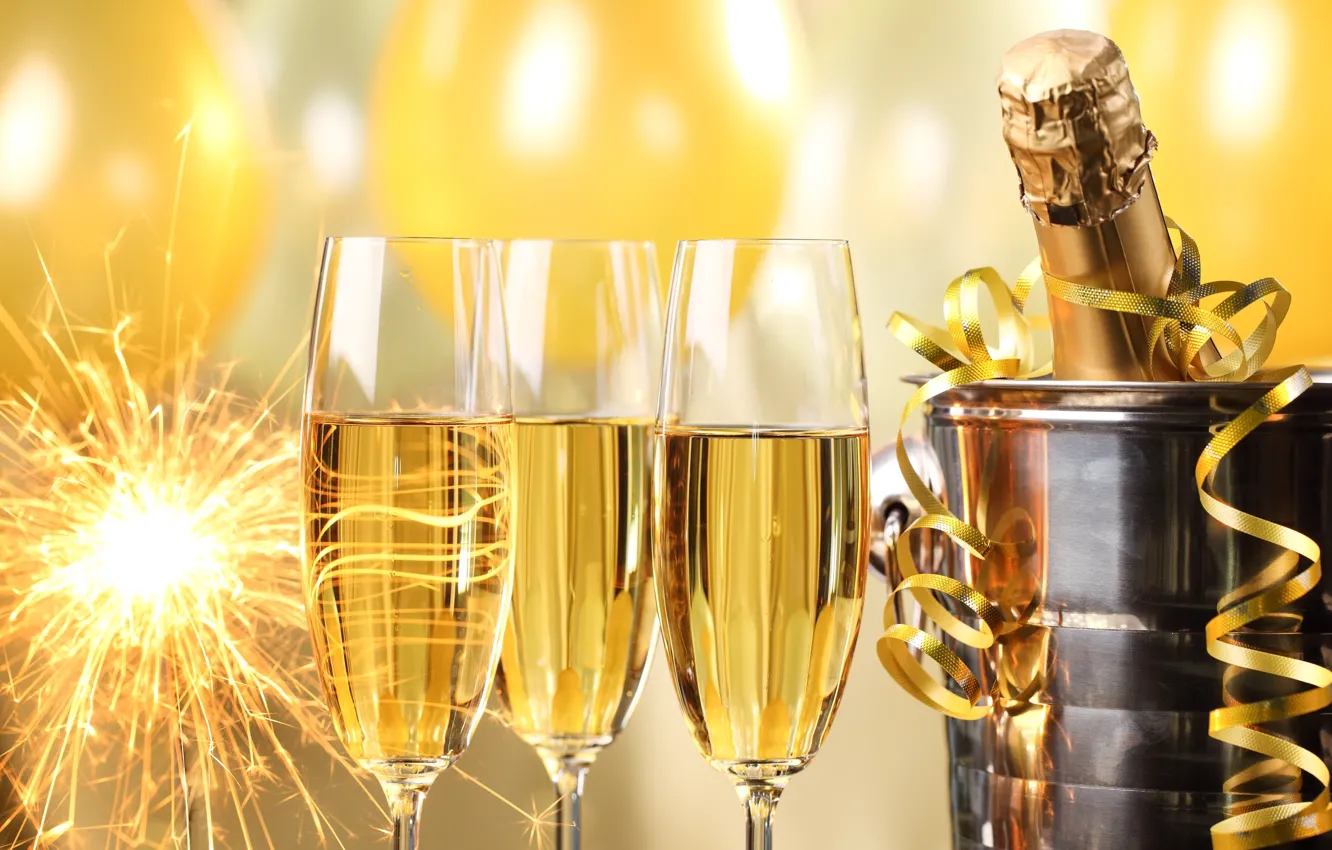Photo wallpaper balls, bottle, New Year, glasses, golden, champagne, serpentine, New Year