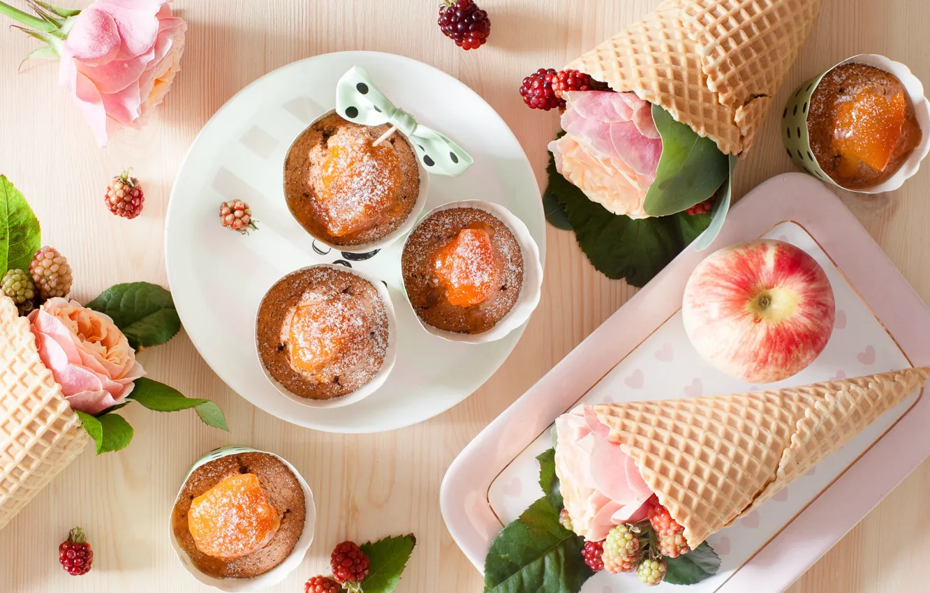 Photo wallpaper apples, roses, horn, waffles, cupcakes, muffins, pumpkin