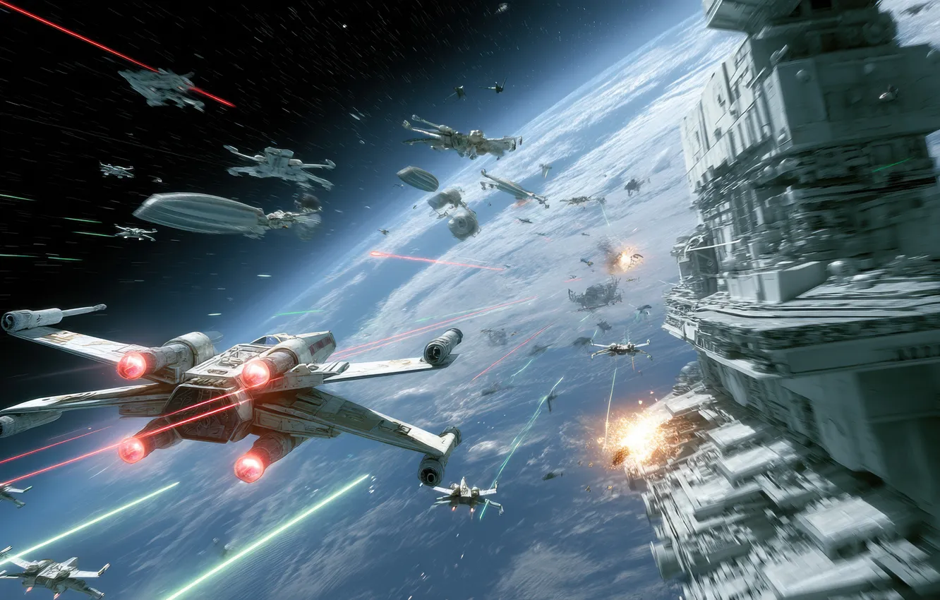 Photo wallpaper Star Wars, planet, illustration, X-wing, space battle