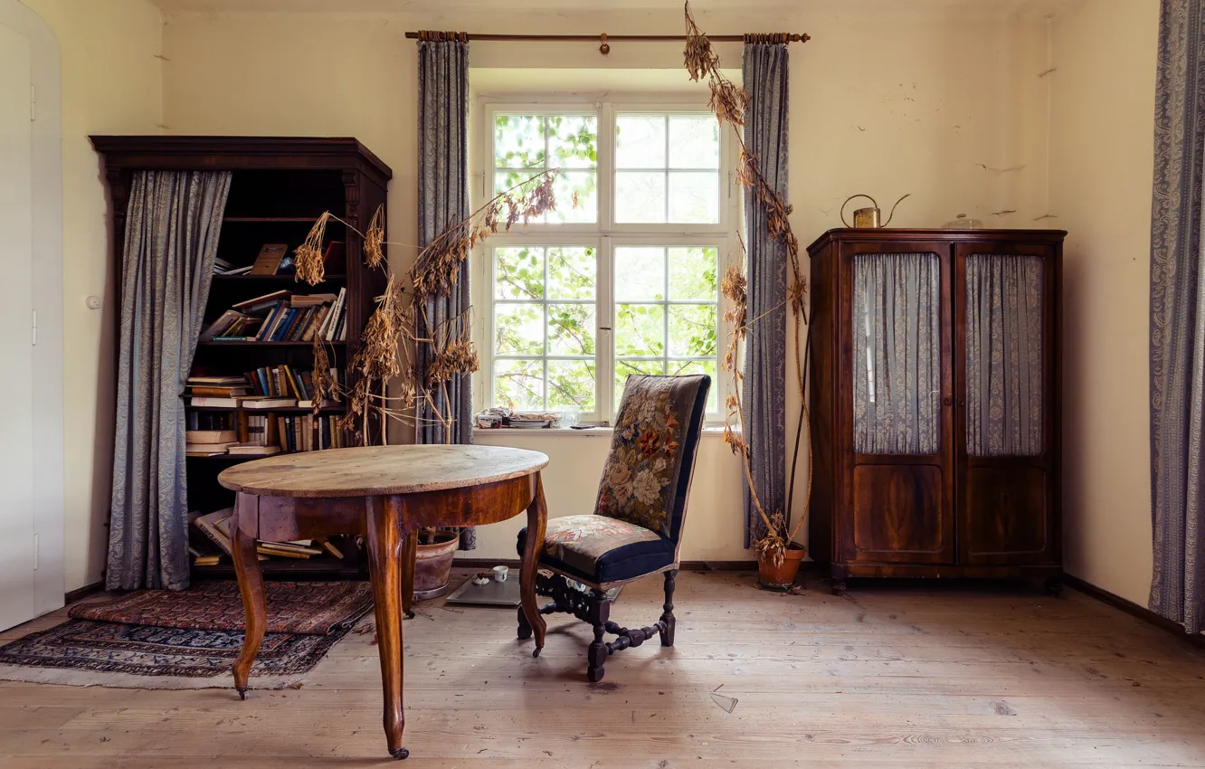 Photo wallpaper table, room, books, Windows, chair, curtain, sunlight
