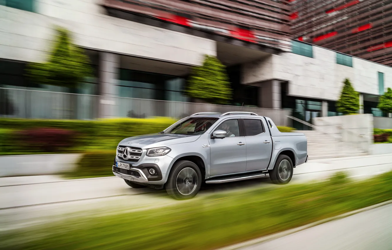 Photo wallpaper the city, Mercedes-Benz, speed, pickup, 2018, X-Class, gray-silver