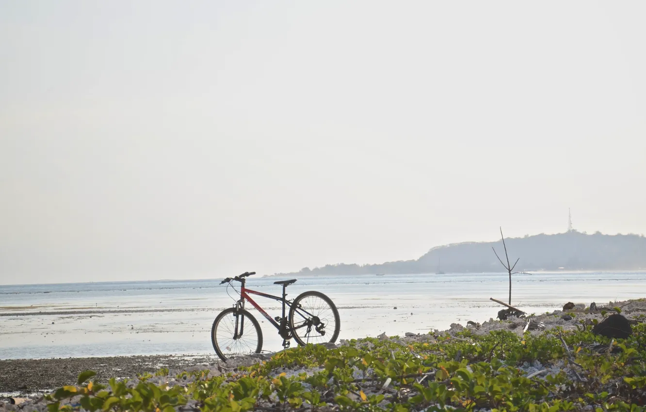Photo wallpaper sea, nature, bike, shore, halt, mountain bike