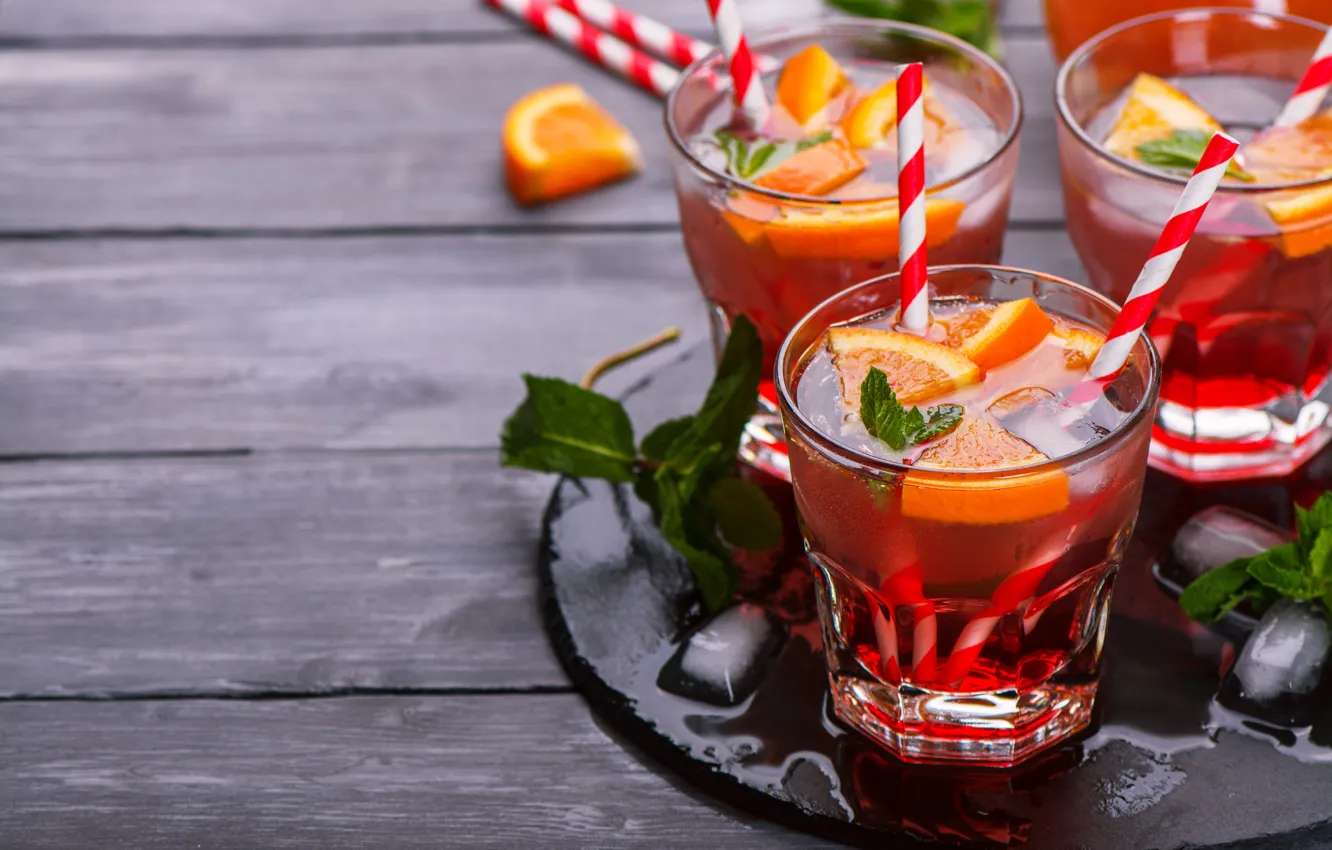 Photo wallpaper ice, glass, orange, juice, drink, tube