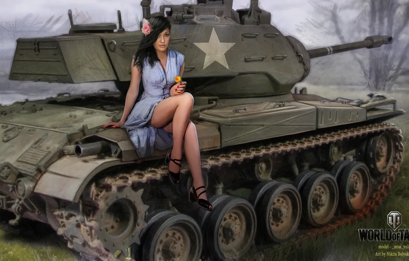 Photo wallpaper flower, girl, tank, girl, tanks, WoT, World of tanks, tank