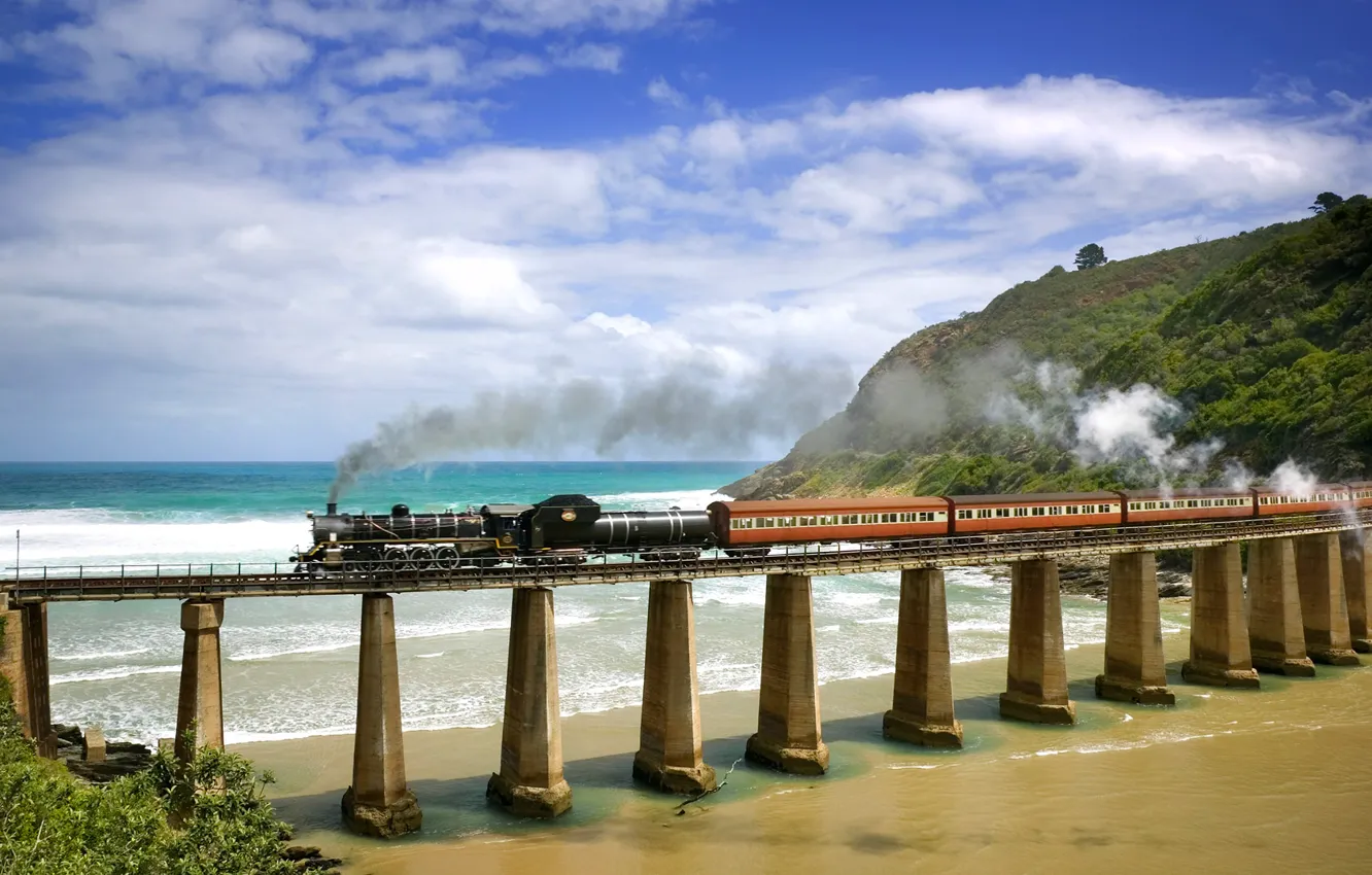 Photo wallpaper sea, bridge, the engine, railroad