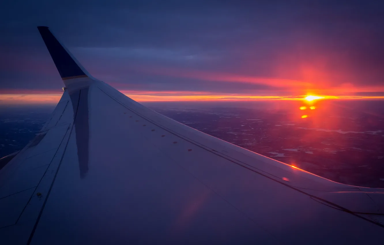 Photo wallpaper the sun, horizon, the plane, the view from the top, wing