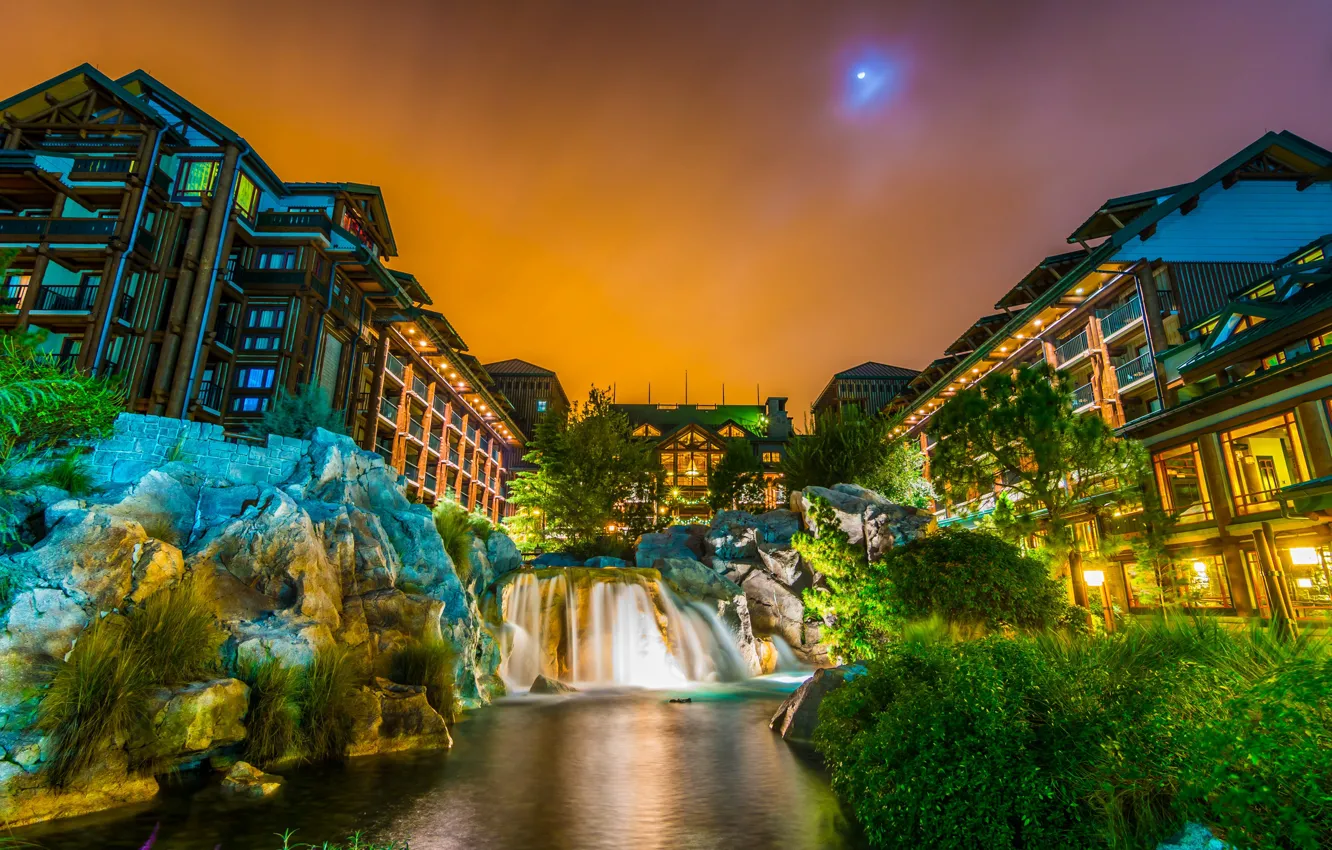 Photo wallpaper trees, night, design, lights, stones, waterfall, HDR, home