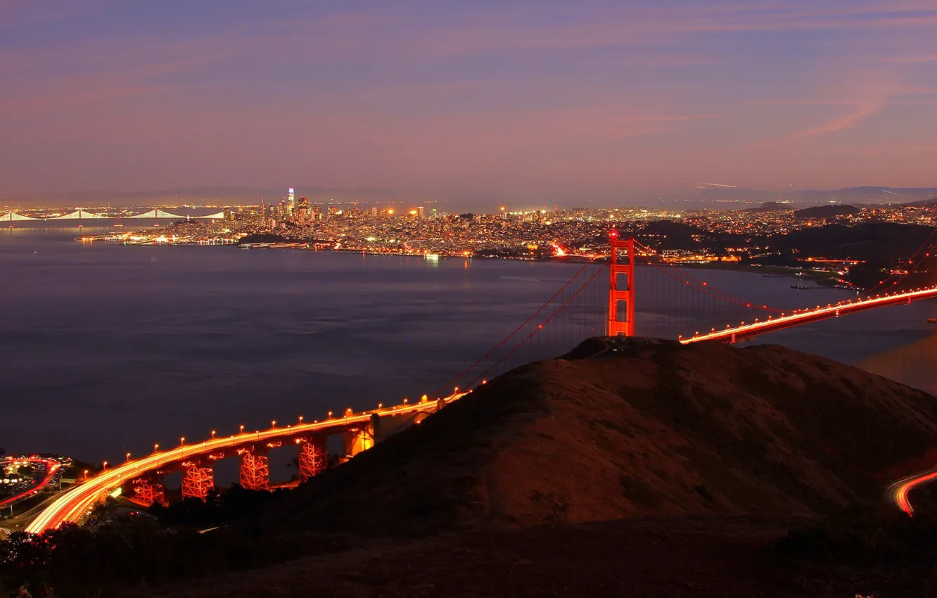 Photo wallpaper road, bridge, lights, Strait, shore, home, the evening, panorama