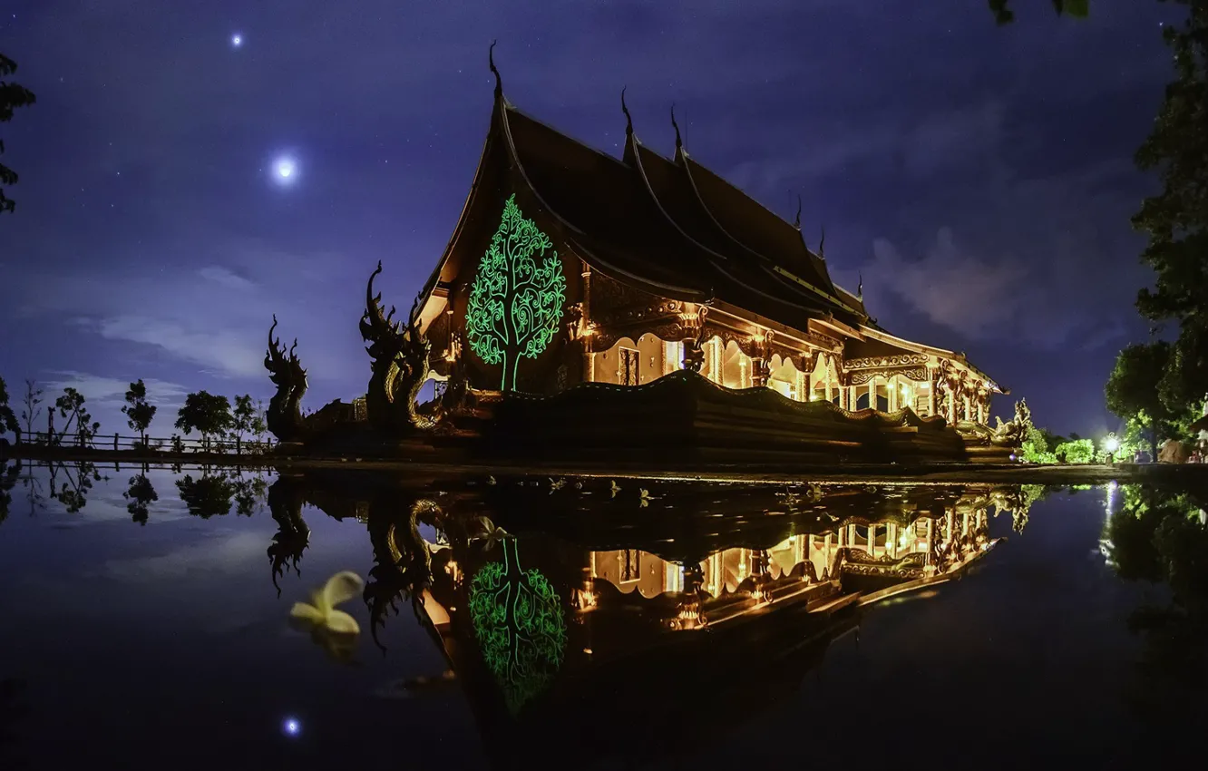 Photo wallpaper lights, light, trees, landscape, nature, water, night, clouds