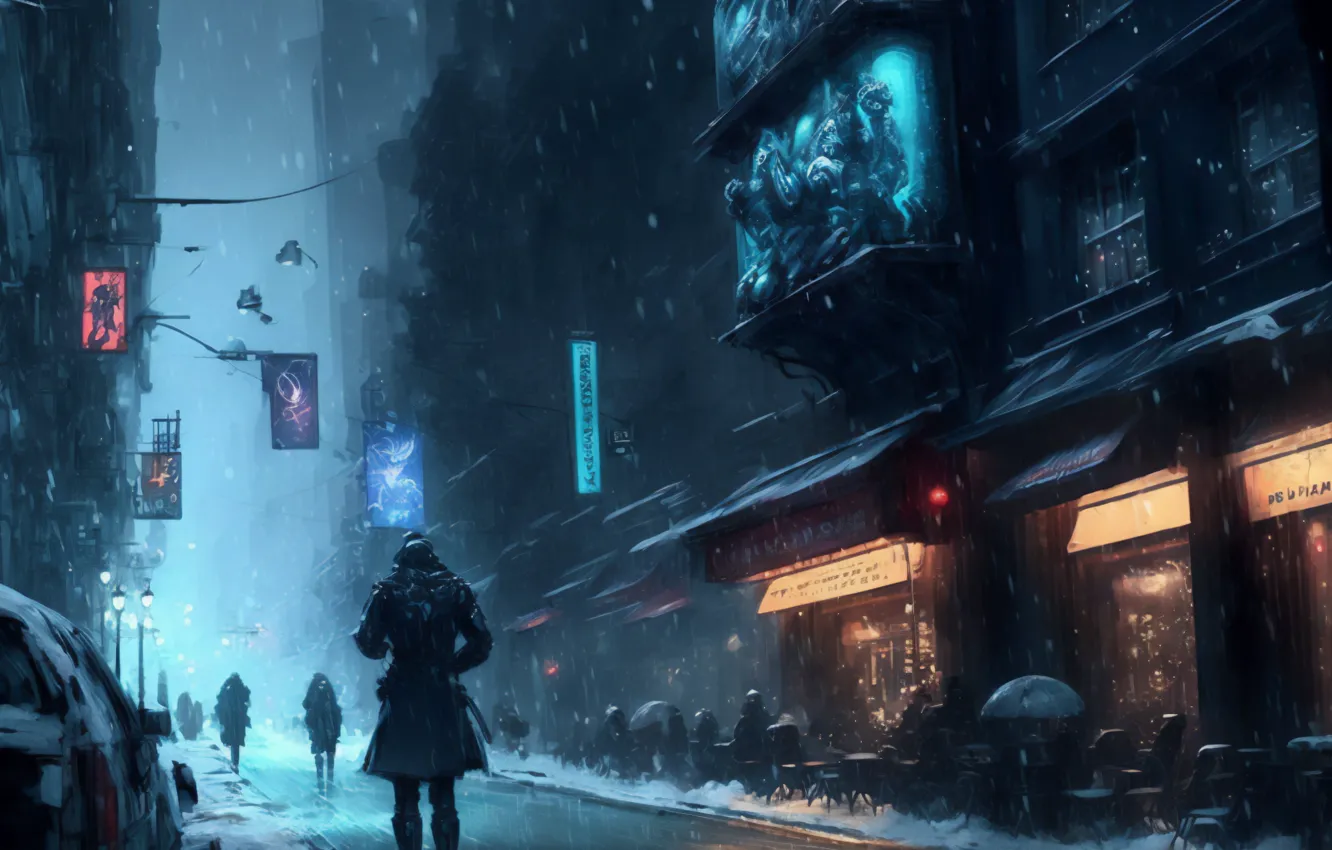 Photo wallpaper winter, snow, the city, people, overcast, cyberpunk, snowfall, Blade Runner