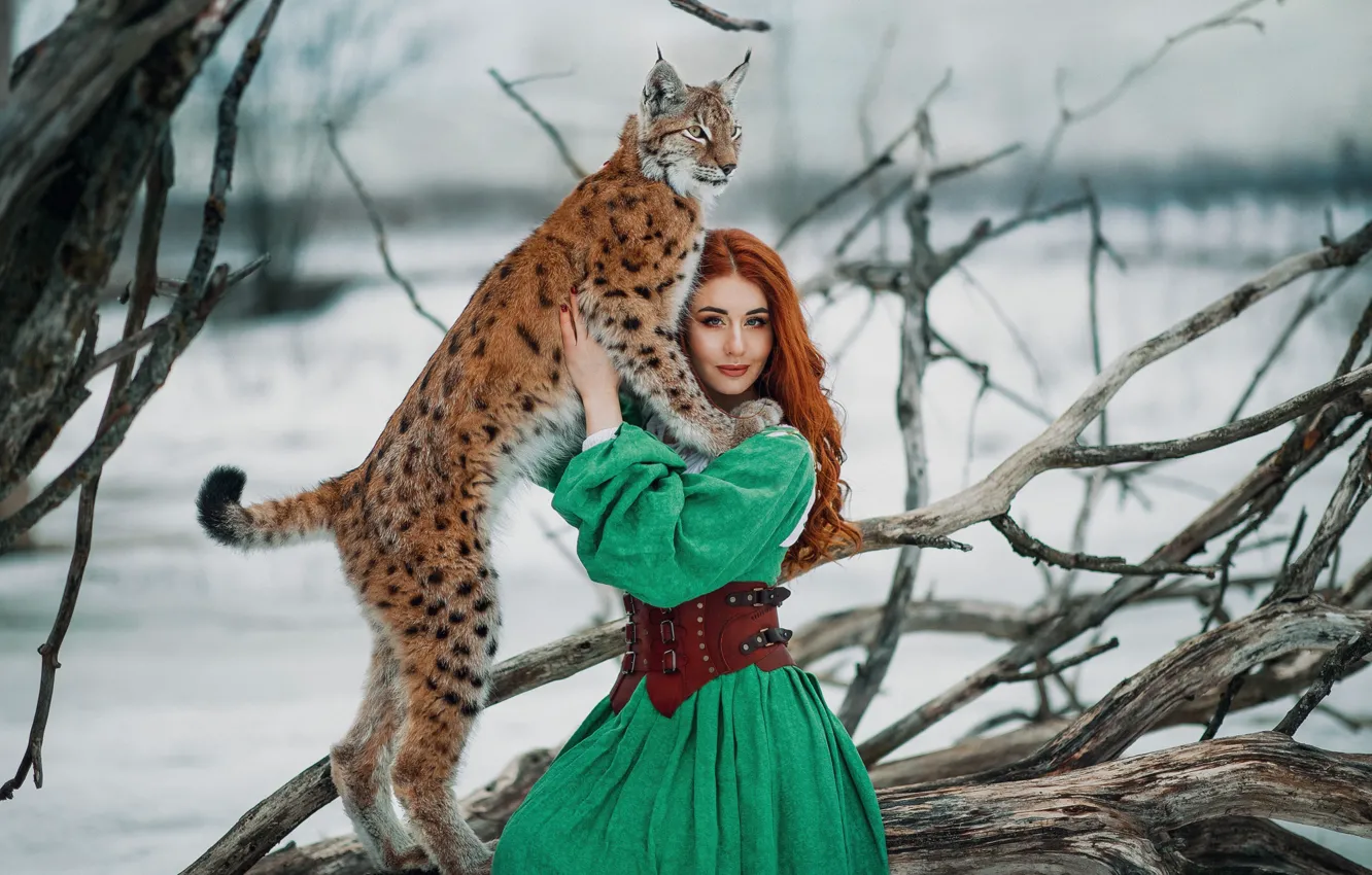 Photo wallpaper girl, each, dress, red, snag, lynx, wild cat, redhead