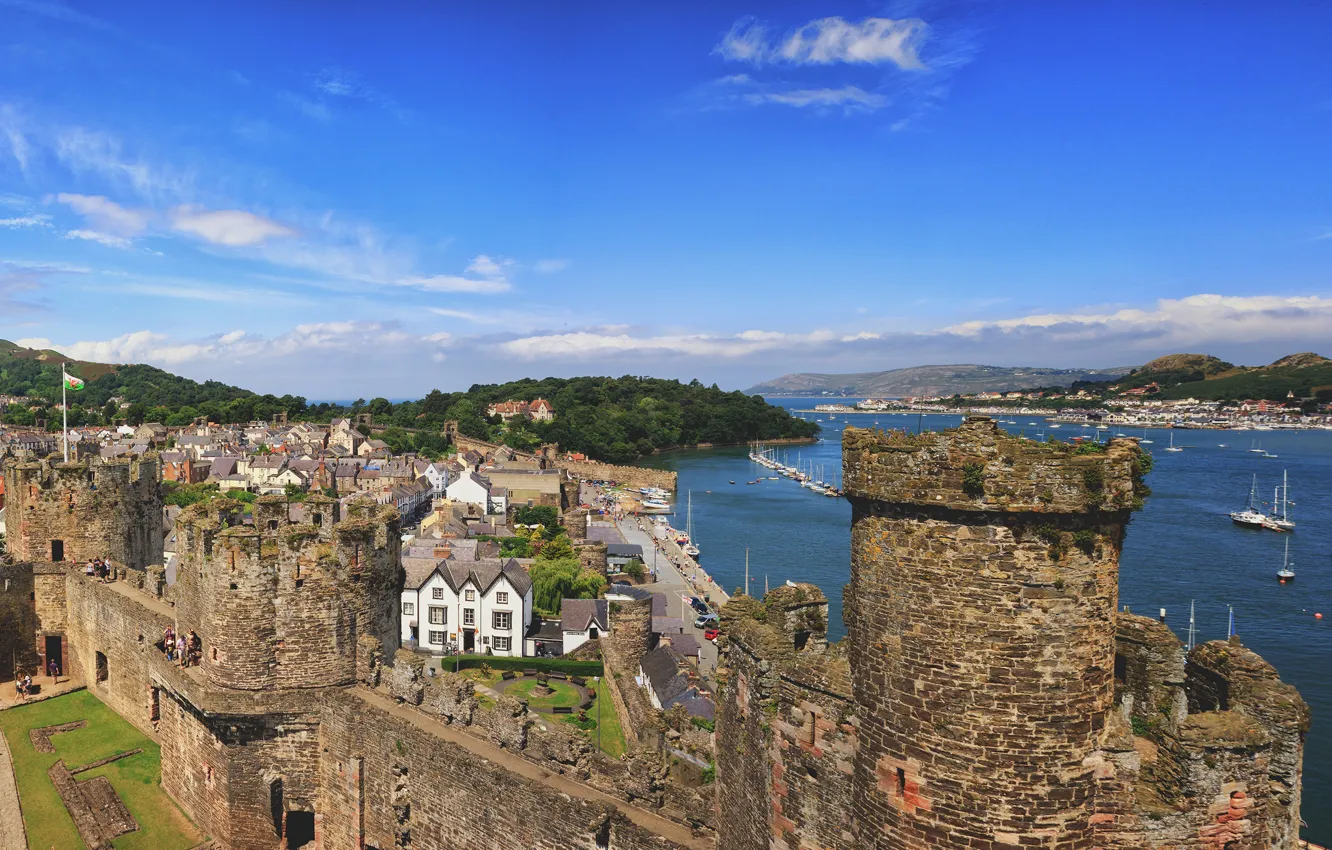 Photo wallpaper the sky, the sun, clouds, trees, wall, England, tower, home