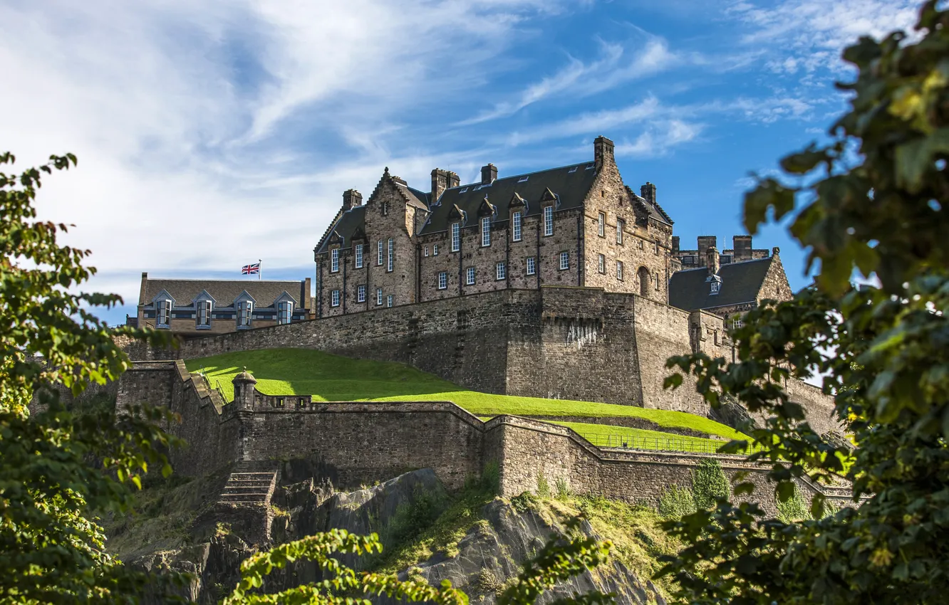 Photo wallpaper greens, the sky, the sun, clouds, trees, castle, wall, Scotland