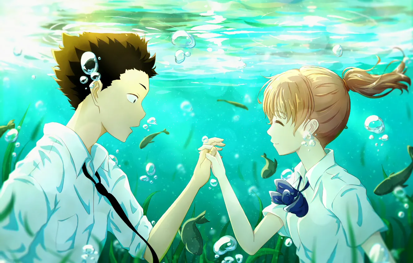 Photo wallpaper girl, fish, romance, Anime, guy, under water, 2016, You no Katachi