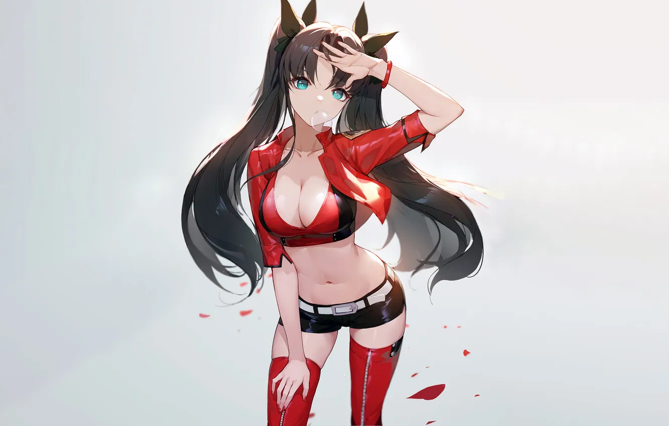 Photo wallpaper girl, sexy, Fate Stay Night, cleavage, shorts, thighhighs, green eyes, long hair