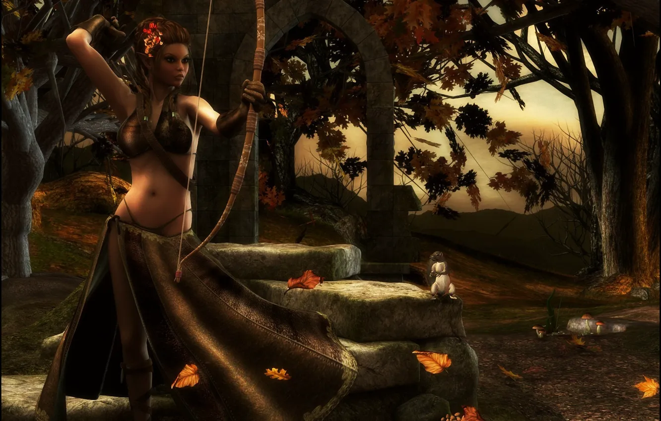 Photo wallpaper autumn, girl, trees, stones, bow, Archer, protein, art