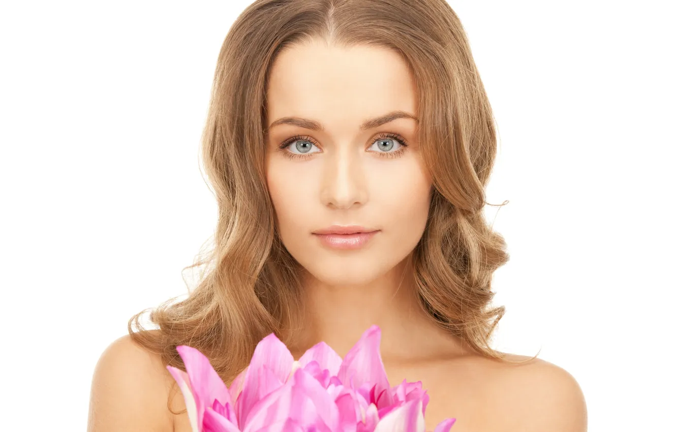 Photo wallpaper look, girl, flowers, Lotus, blonde, charm