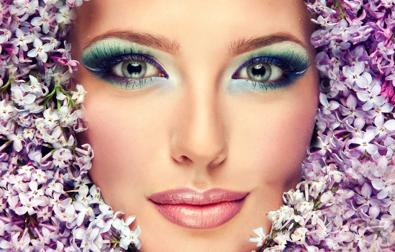 Photo wallpaper look, girl, flowers, eyelashes, model, lips, beautiful, face. makeup