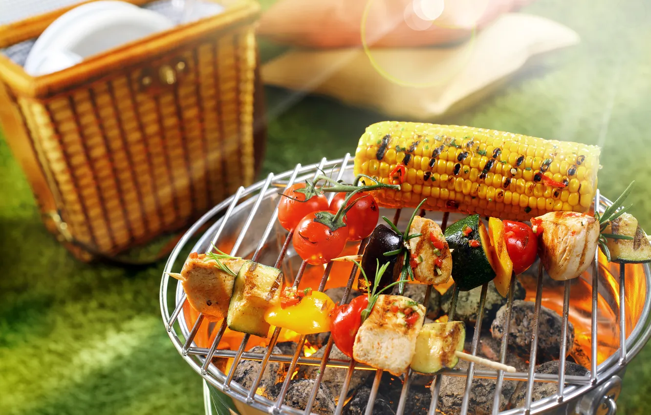 Photo wallpaper nature, lights, food, meat, picnic, vegetables, kebab