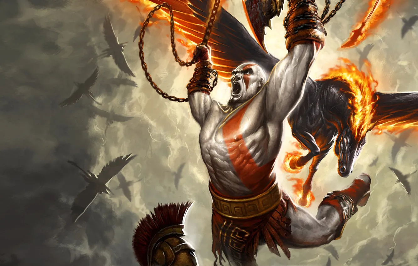 Photo wallpaper flame, horse, the game, wings, warrior, art, chain, God of War