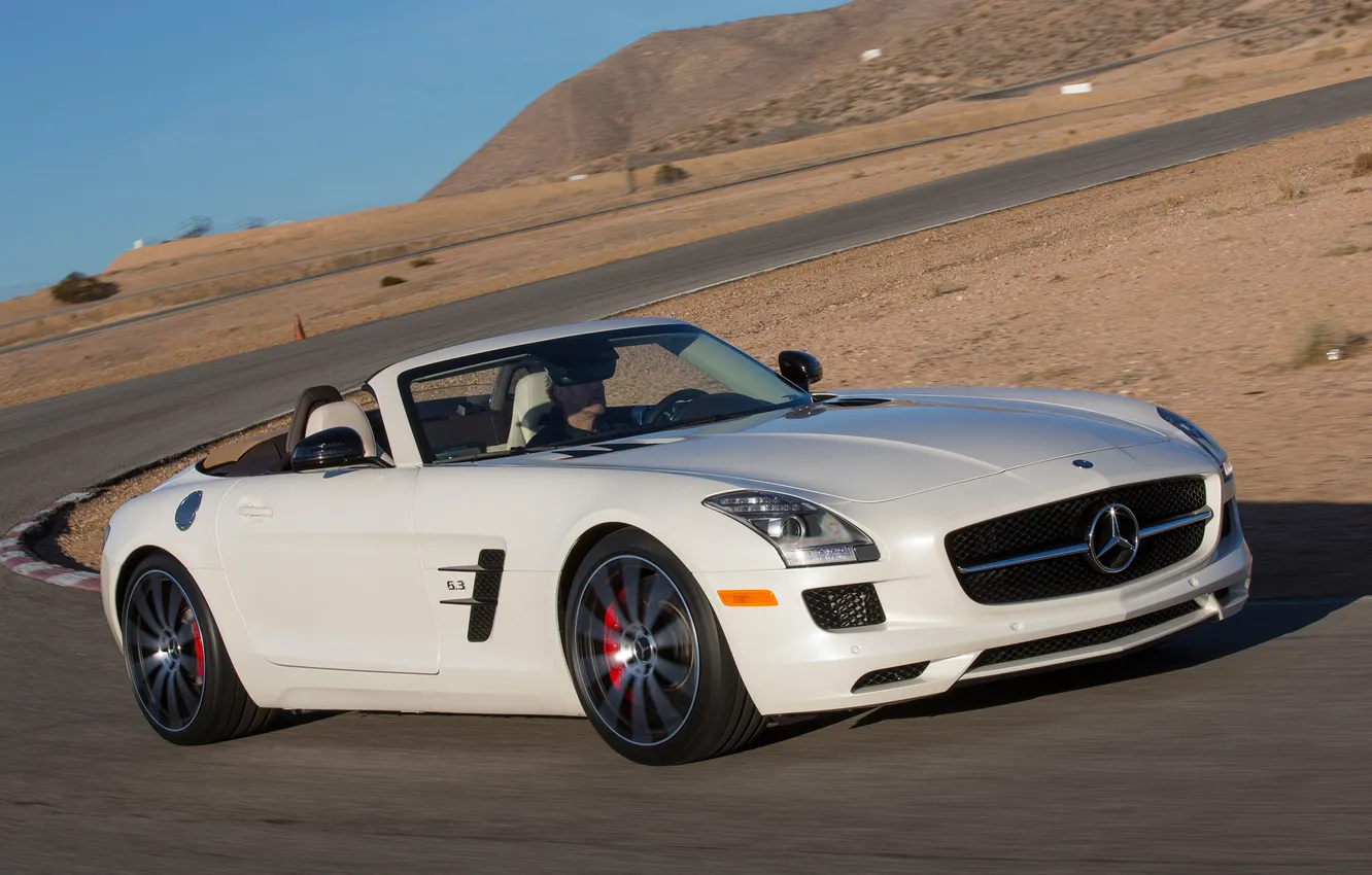 Photo wallpaper car, Roadster, Mercedes-Benz, white, AMG, SLS, speed