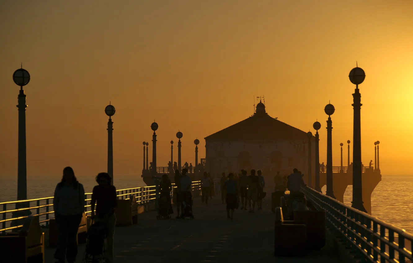 Photo wallpaper sunset, people, pier
