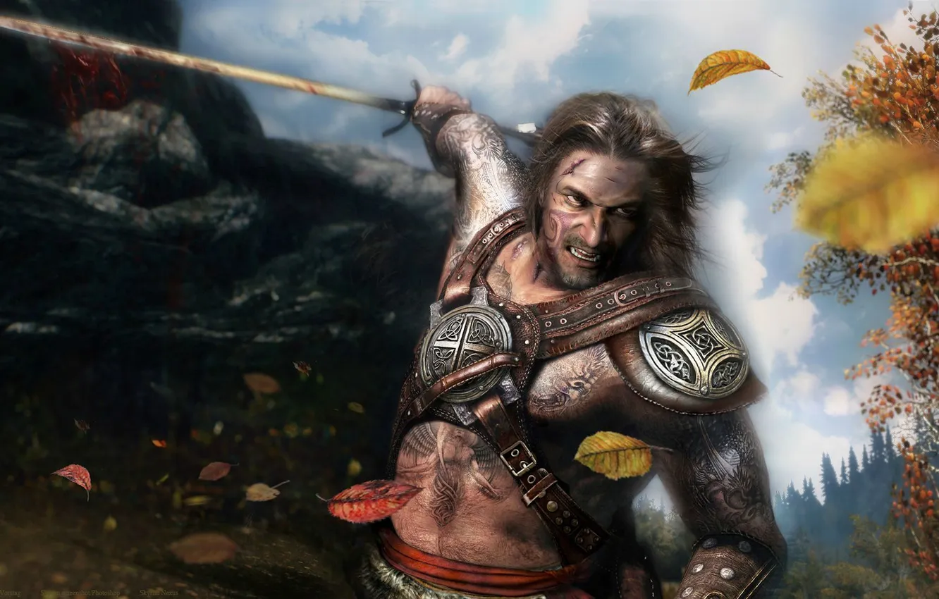 Photo wallpaper forest, leaves, sword, warrior, tattoo, male, Skyrim, The Elder Scrolls
