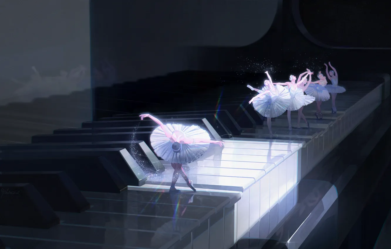 Photo wallpaper keys, piano, ballerina, bow, Pointe shoes, Arabesque, ballet tutu