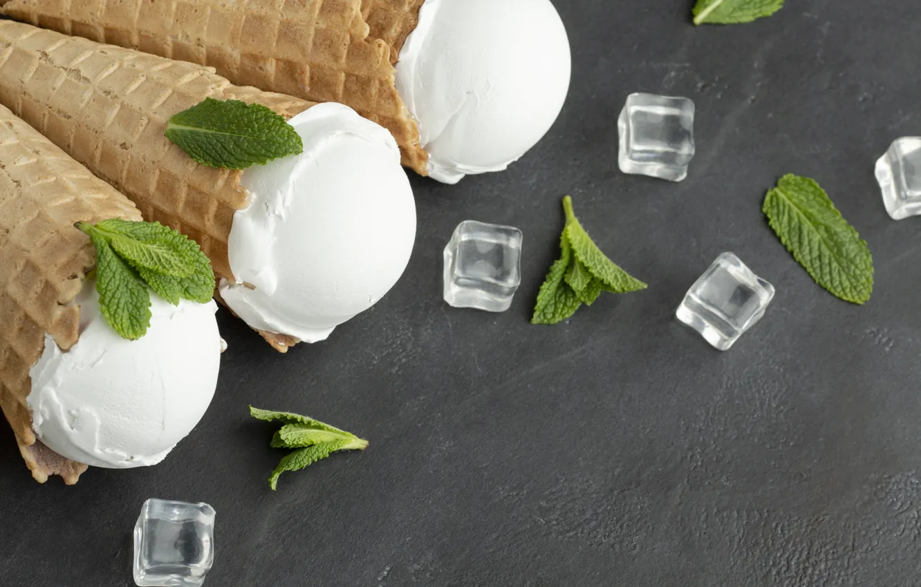 Photo wallpaper white, ice cream, grey background, trio, horn, mint, dessert, delicious