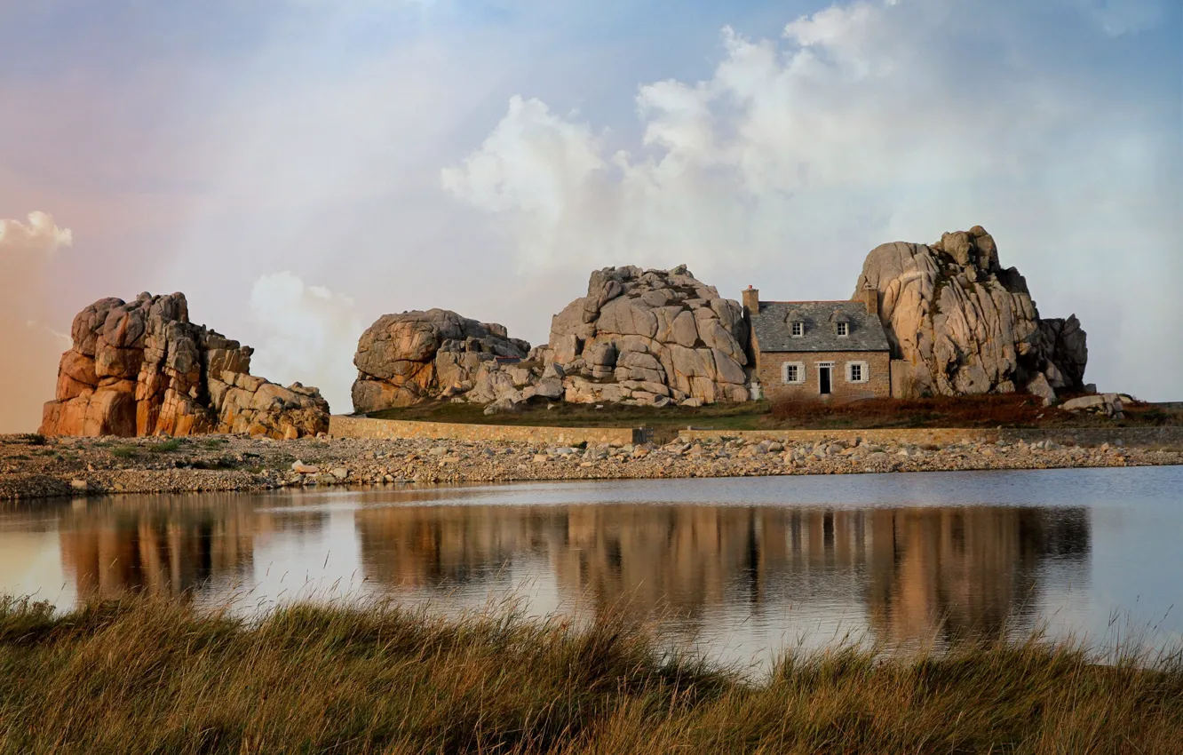 Photo wallpaper the sky, clouds, stones, shore, island, home