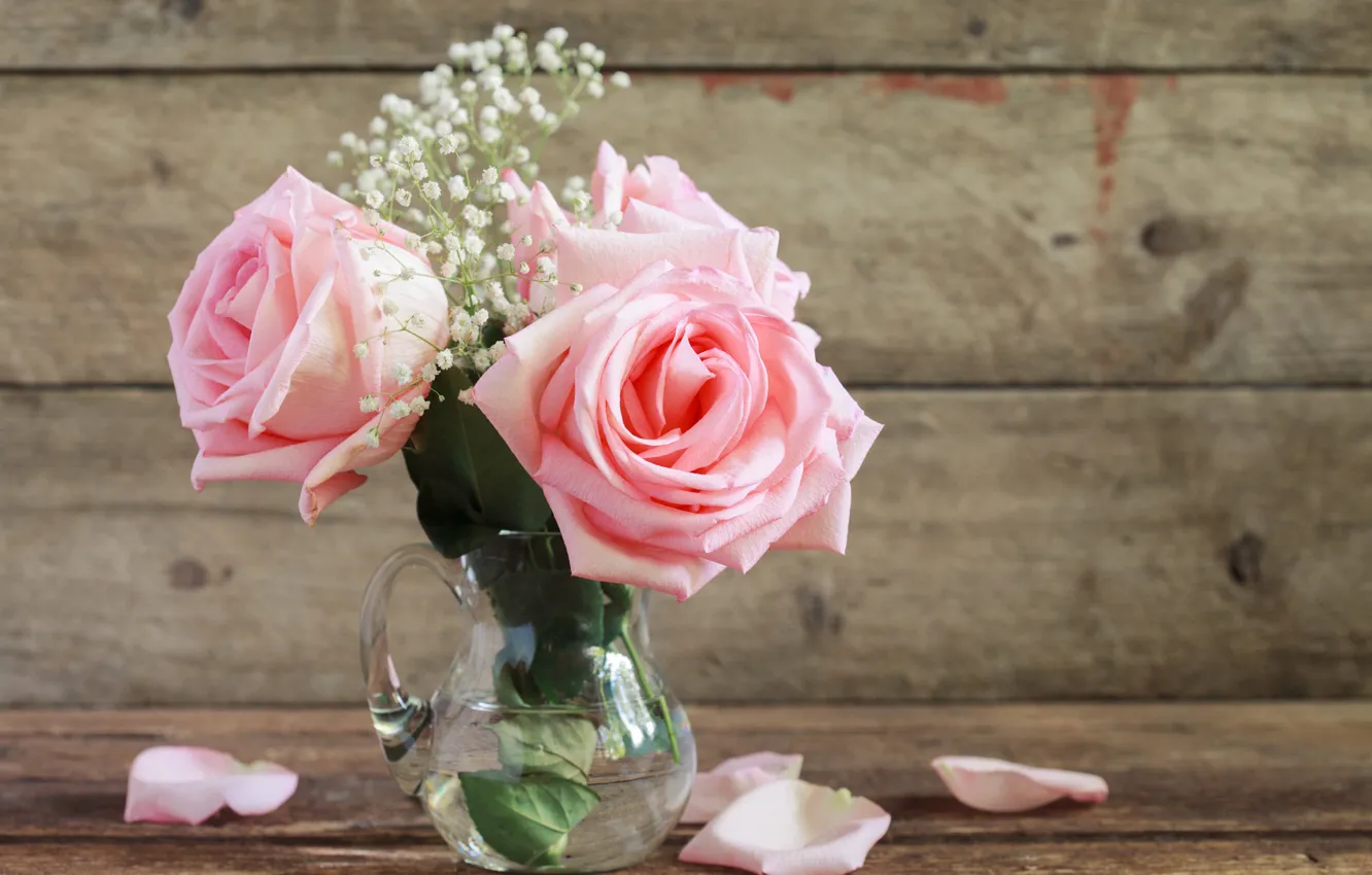 Photo wallpaper flowers, Board, roses, petals, pitcher