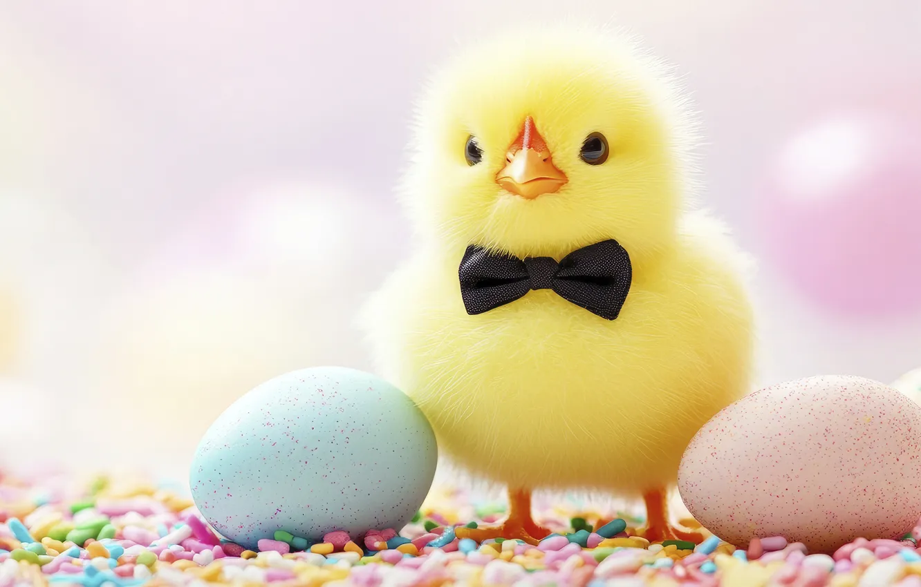 Photo wallpaper look, yellow, bird, chickens, eggs, spring, Easter, placer
