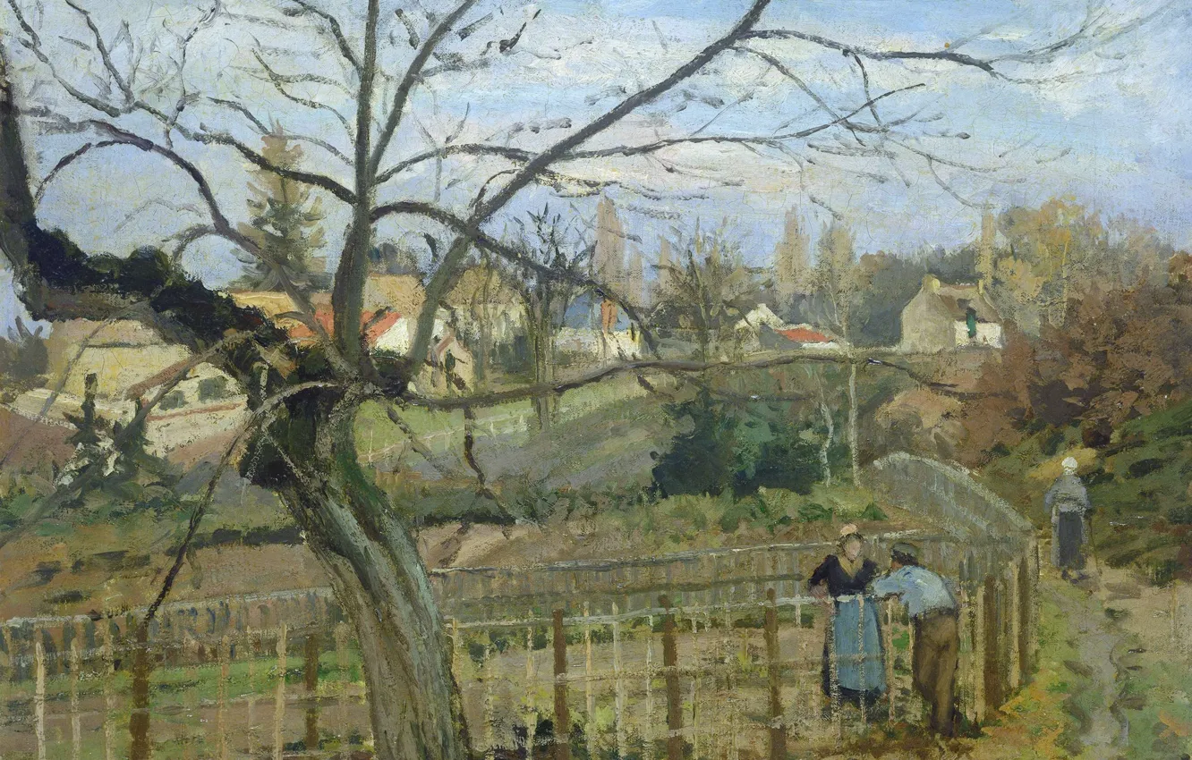 Photo wallpaper landscape, picture, genre, Camille Pissarro, Conversation at the Fence