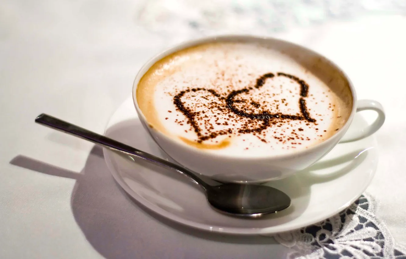 Photo wallpaper white, love, table, coffee, heart, spoon, Cup, tablecloth