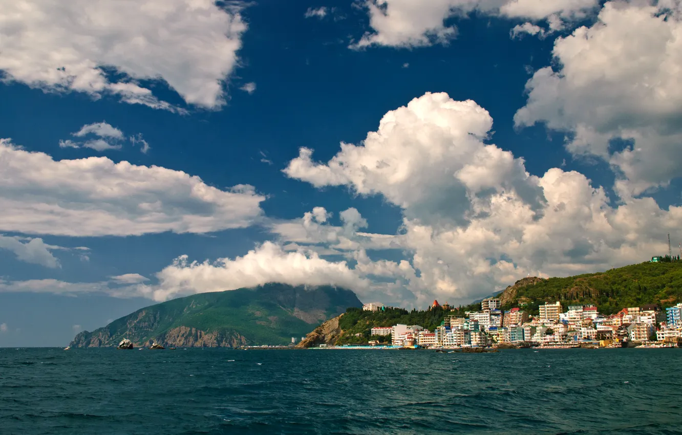 Photo wallpaper sea, summer, clouds, coast, Crimea, Bear mountain