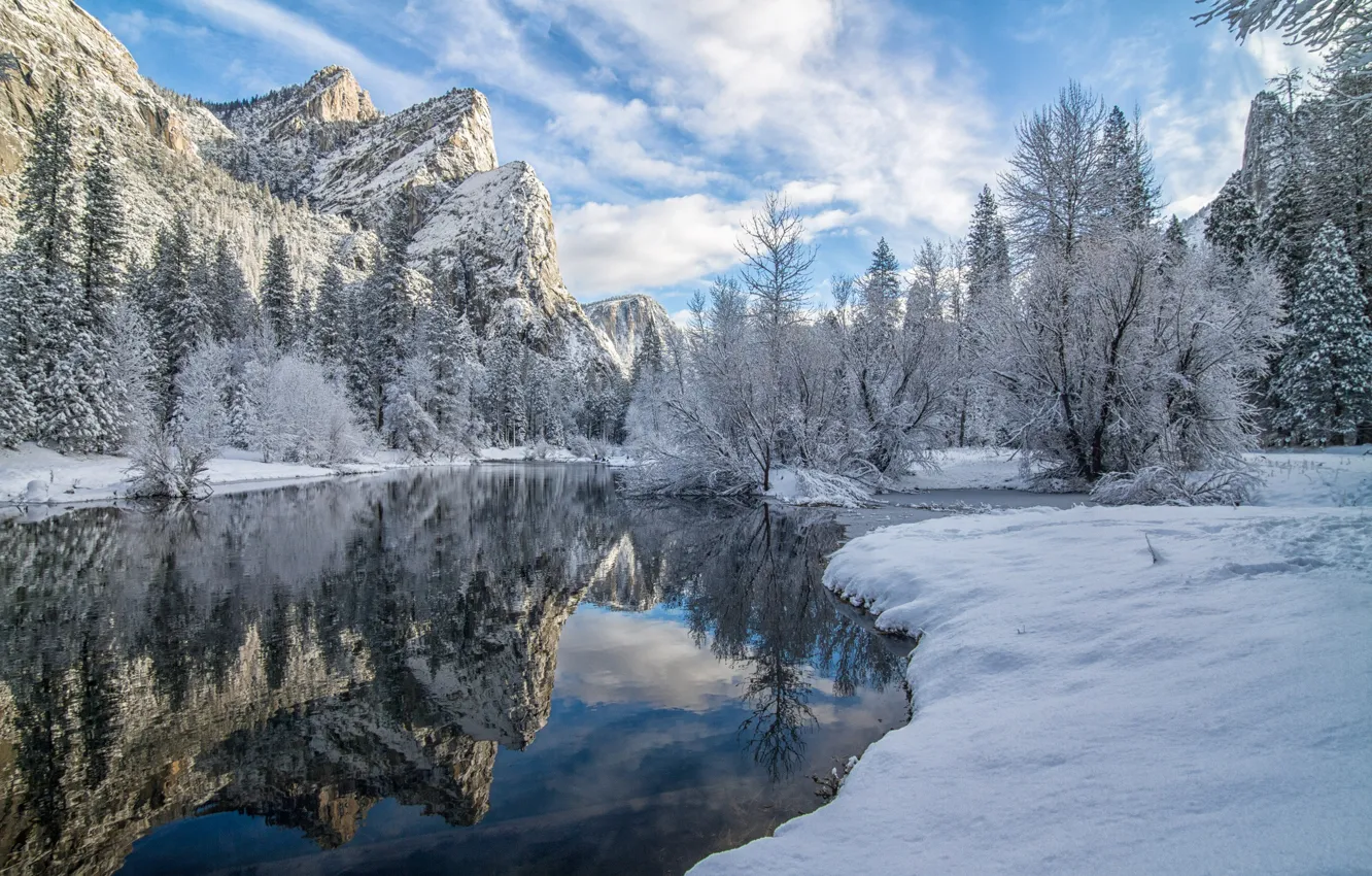 Photo wallpaper winter, snow, trees, mountains, reflection, river, CA, California