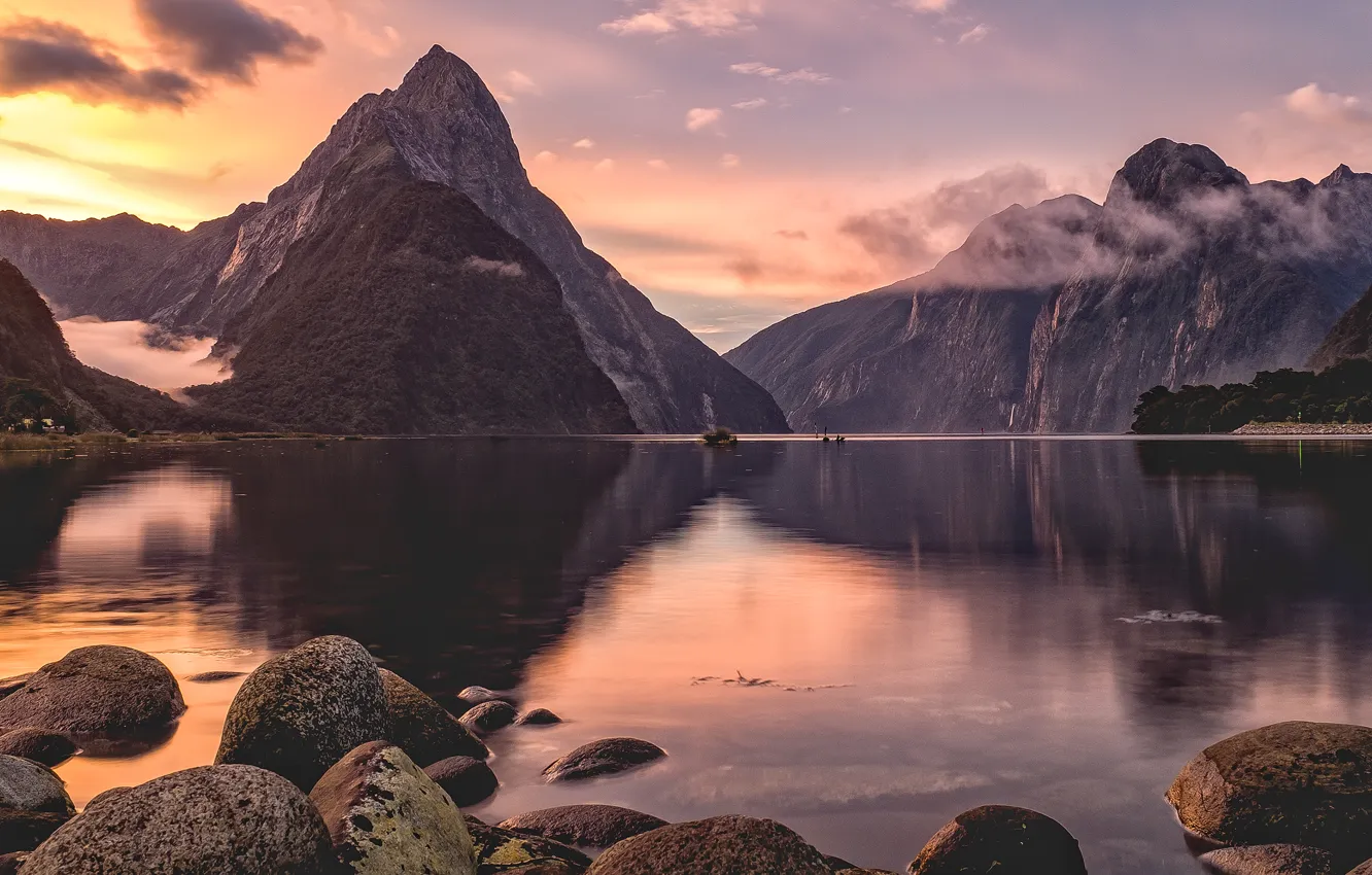 Photo wallpaper New Zealand, sunset, Milford Sound